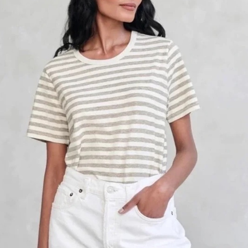Jenni Kayne Gray and White Striped Short Sleeve Tee